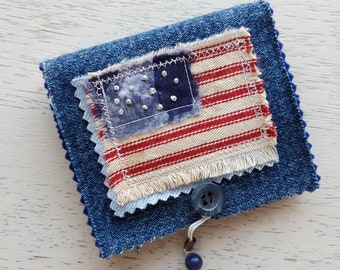 Primitive American Flag Needle Book Case for Slow Stitch Projects, Junk Journals, Sashiko, Sewing, Quilting, Embroiderey, Needlecraft