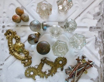 Vintage Glass Knobs, Brass Drawer Pulls, Wood Hardware LOT