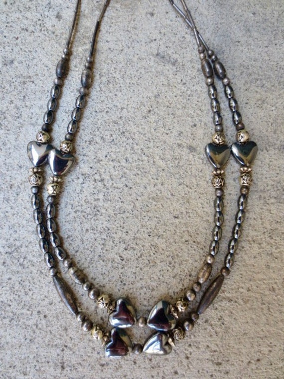 Long Vintage Hematite Heart Beaded Necklace - image 3