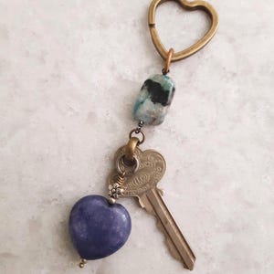 Handmade Blue Stone Heart Keychain, Vintage Key, Pendant, Key Fob, Gift for Her