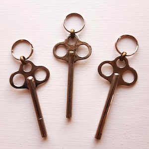 May include: Three antique-style metal keys with circular key rings. The keys have a decorative, openwork design with multiple circular cutouts. The keys are a tarnished silver color and are arranged on a white surface.