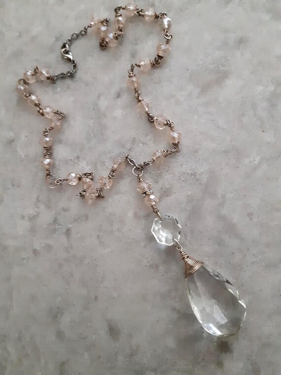 Handmade Long Assemblage Statement Pink Beaded Pe… - image 2