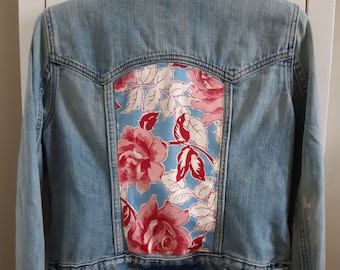 Reworked Upcycled Gap Denim Jacket, 1940s Roses Floral Fabric, Embellished Cowgirl Denim, Size XS