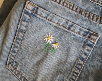 Hand Embroidered Daisy May Old Navy Denim Blue Jeans, Upcycled Denim, Boho Hippie Clothing, Cotton, Girls Size 14 R