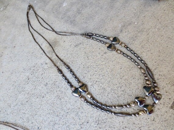 Long Vintage Hematite Heart Beaded Necklace - image 2