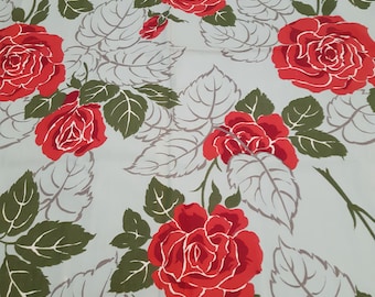 GORGEOUS Vintage 40s Glam Floral Barkcloth Era Fabric, Broadcloth, Huge Red Roses, Boho, California Bungalow