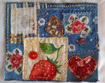 Strawberry Patch Slow Stitch Sashiko Boro Patch, Vintage Fabric, Folk Art