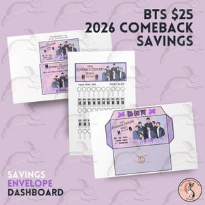 Może przedstawiać: Fioletowo-biała deska rozdzielcza koperty oszczędnościowej z napisem "BTS $25 2026 Comeback Savings". Deska rozdzielcza zawiera ikony w kształcie biletów i tekst "Comeback Concert Tickets".