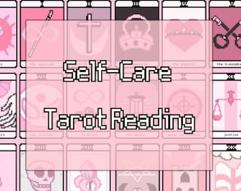 Può includere: Uno spread di carte dei tarocchi rosa e bianco con il testo "Self-Care Tarot Reading". Le carte sono disposte in una griglia, ogni carta mostra un'immagine e un nome diversi.