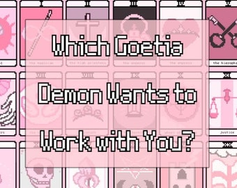May include: A pink and white tarot card spread with the text "Which Goetia Demon Wants to Work with You?"  The cards are arranged in a grid with the numbers I through XII on each card.