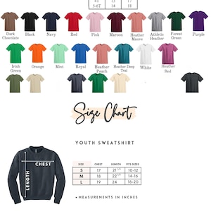 May include: Size chart for youth and toddler short sleeve t-shirts and youth sweatshirts. The chart shows the width and length measurements in inches for each size. The chart also includes a colour guide for the different t-shirt colours available.