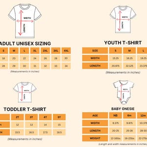 Op de afbeelding: Een maattabel voor t-shirts en babyrompers. De tabel toont afmetingen in inches voor volwassen unisex, jeugd, peuter en baby maten, inclusief breedte, lengte en gewicht voor babyrompers.