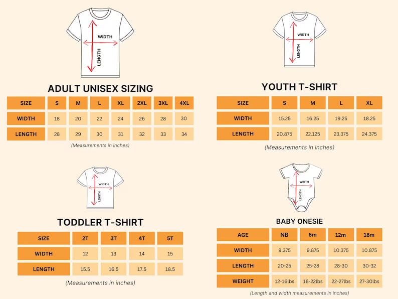 Op de afbeelding: Een maattabel voor t-shirts en babyrompers. De tabel toont afmetingen in inches voor volwassen unisex, jeugd, peuter en baby maten, inclusief breedte, lengte en gewicht voor babyrompers.