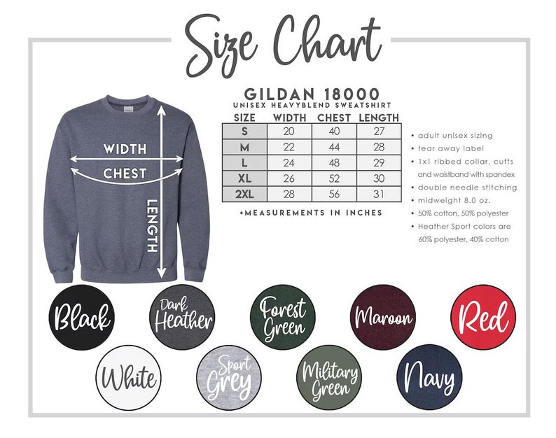K&ouml;nnte beinhalten: Gr&ouml;&szlig;entabelle f&uuml;r Gildan 18000 Unisex Heavyweight Blend Sweatshirt. Die Tabelle zeigt die Gr&ouml;&szlig;en S bis 2XL mit den entsprechenden Ma&szlig;en f&uuml;r Breite, Brustumfang und L&auml;nge in Zoll. Die Tabelle enth&auml;lt auch Informationen &uuml;ber die Stoffzusammensetzung und die Eigenschaften, wie z. B. abrei&szlig;bares Etikett, gerippter Kragen, B&uuml;ndchen und Bund mit Elasthan.
