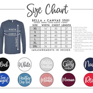 K&ouml;nnte beinhalten: Gr&ouml;&szlig;entabelle f&uuml;r das Bella + Canvas 3501 Unisex Langarm-T-Shirt. Die Tabelle zeigt die Ma&szlig;e f&uuml;r Breite, Brust und L&auml;nge in Zoll f&uuml;r die Gr&ouml;&szlig;en XS bis 2XL. Die Tabelle enth&auml;lt auch Informationen &uuml;ber die Stoffzusammensetzung f&uuml;r verschiedene Farben, darunter Uni-Farben, Melange-Farben und Slub.