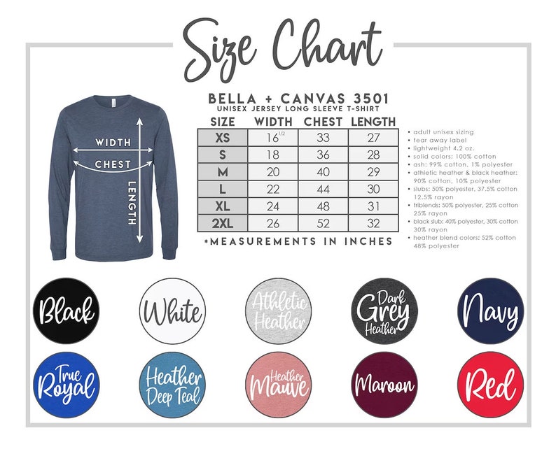 K&ouml;nnte beinhalten: Gr&ouml;&szlig;entabelle f&uuml;r das Bella + Canvas 3501 Unisex Langarm-T-Shirt. Die Tabelle zeigt die Ma&szlig;e f&uuml;r Breite, Brust und L&auml;nge in Zoll f&uuml;r die Gr&ouml;&szlig;en XS bis 2XL. Die Tabelle enth&auml;lt auch Informationen &uuml;ber die Stoffzusammensetzung f&uuml;r verschiedene Farben, darunter Uni-Farben, Melange-Farben und Slub.