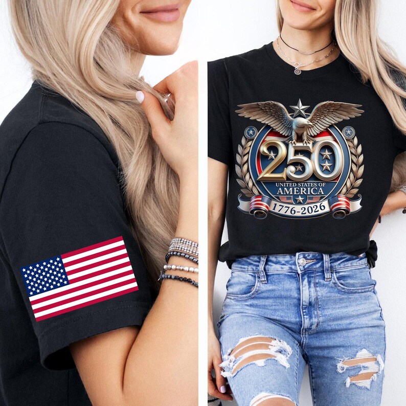 May include: Black t-shirt with a graphic commemorating the 250th anniversary of the United States of America. The design includes an eagle, stars, and the years 1776-2026. The left sleeve features an American flag.