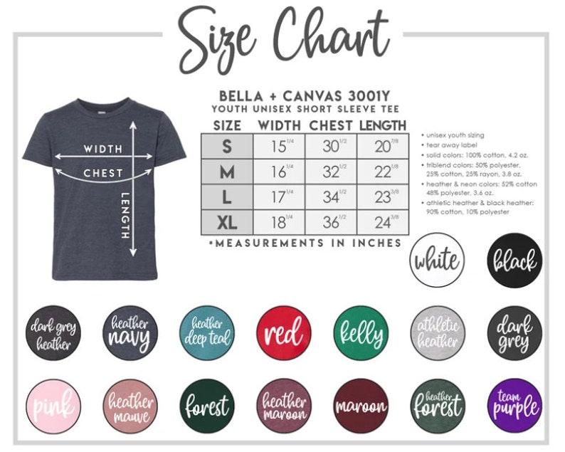 K&ouml;nnte beinhalten: Gr&ouml;&szlig;entabelle f&uuml;r Unisex-T-Shirts mit kurzen &Auml;rmeln f&uuml;r Kinder. Die Tabelle zeigt die Ma&szlig;e f&uuml;r Breite, Brustumfang und L&auml;nge in Zoll f&uuml;r die Gr&ouml;&szlig;en S, M, L und XL. Die Tabelle listet auch die Stoffzusammensetzung und das Gewicht f&uuml;r verschiedene Farboptionen auf.