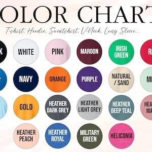 Op de afbeelding: Kleurenkaart met een verscheidenheid aan kleuren voor t-shirts, hoodies, sweatshirts, V-halzen en lange mouwen. Kleuren zijn zwart, wit, roze, bordeauxrood, Iers groen, rood, koningsblauw, marine, oranje, paars, naturel/zand, mint, lichtblauw, goud, heather donkergrijs, heather lichtgrijs en heather mauve.