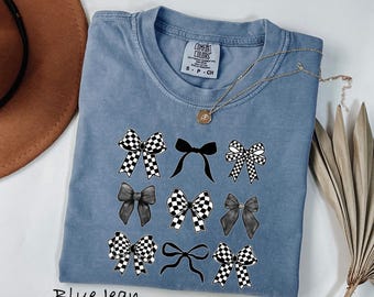 Comfort Colors® Retro Checkered Black Bow Shirt, Checkered Bow T-Shirt, Trendy Bow Shirt,  Aesthetic Coquette Shirt, Cute Girls Shirt