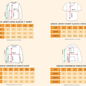 Op de afbeelding: Diagrammen van unisex T-shirts en sweatshirts met maattabellen. Inclusief een T-shirt met lange mouwen, een V-hals T-shirt met korte mouwen, een crewneck sweatshirt en een hoodie. Afmetingen zijn in inches.