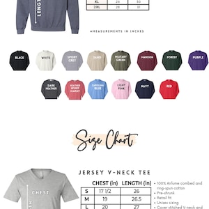 May include: Size chart for a crewneck sweatshirt and a jersey v-neck tee. The chart shows the chest and length measurements in inches for sizes S, M, L, XL, and 2XL. The chart also includes a description of the fabric and fit of the shirts.