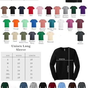 May include: A size chart for Gildan 64000 unisex short and long sleeve t-shirts. The chart shows the width and length measurements in inches for sizes XS to 4XL. The chart also includes a colour chart with 24 different colours.