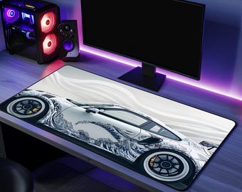 Japanische Welle Auto Schreibtischmatte & Mauspad - Ocean Art Sports Design Mauspad, Ästhetische glatte Oberfläche Büro PC Arbeit Keyboard Gaming DeskPad