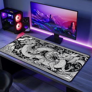 Alfombrilla de escritorio grande de anime con diseño de dragón chino, alfombrilla de ratón antideslizante XXL para juegos, espacio de trabajo estético, alfombrilla de escritorio duradera con costuras para decoración de ordenadores de oficina.