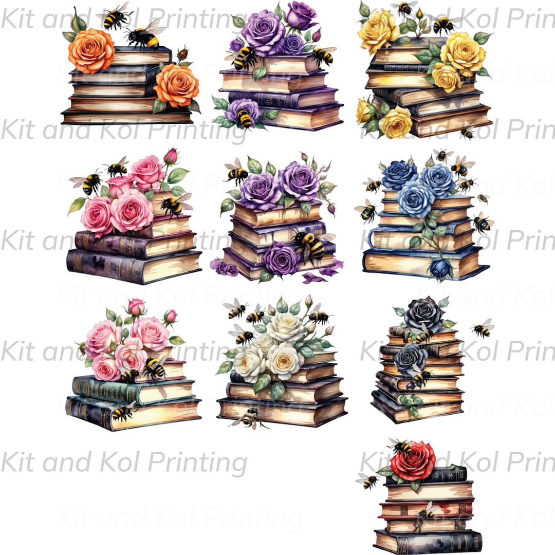 Rose Stack Design Vintage Book Stack With Roses and Bees Clipart - Instant Download ...