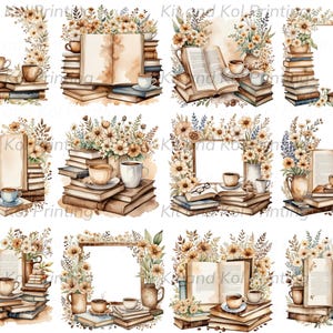 Op de afbeelding: Een digitale collage van tien aquarel illustraties met stapels boeken, open boeken, kopjes koffie en bloemstukken. De illustraties zijn op een witte achtergrond geplaatst.
