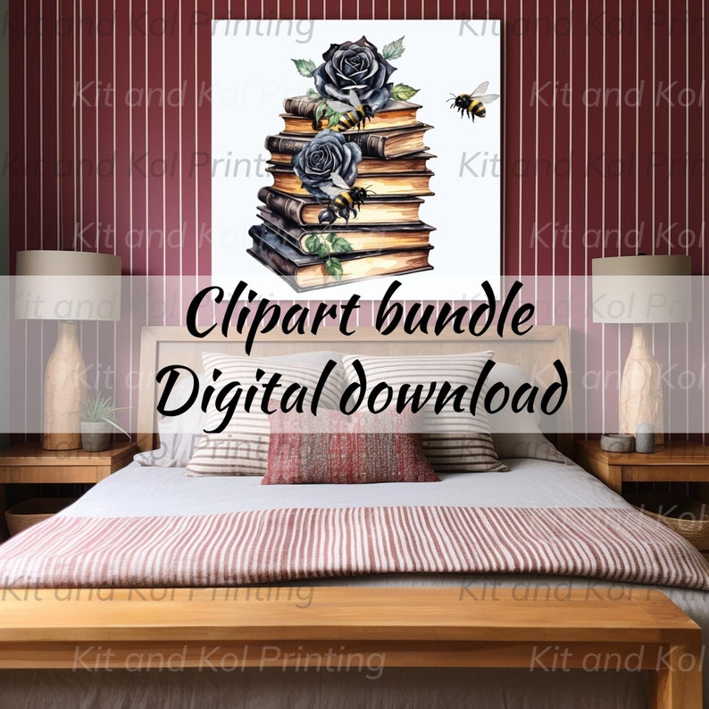 Rose Stack Design Vintage Book Stack With Roses and Bees Clipart - Instant Download ...