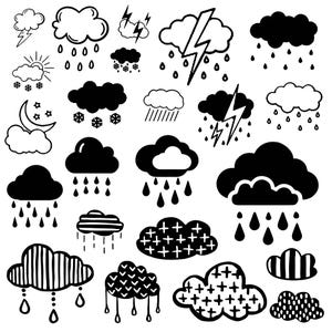 May include: Black and white illustrations of various weather conditions, including clouds, rain, lightning, snow, and sunshine.
