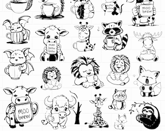 Coffee SVG Animal Bundle, PNG pdf and dxf Files Instant Download, kawaii Tired animal clipart, cutter and laser engraving files Funny Animal