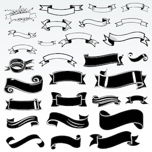 May include: A set of 20 black and white ribbon banners in various shapes and sizes. The ribbons are drawn in a hand-drawn style and are perfect for adding a decorative touch to any project.