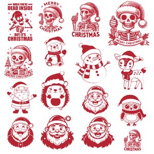 May include: A selection of red and white Christmas illustrations. The designs feature skeletons in Santa hats, a snowman, a deer, a bear, Santa Claus, and an owl. Text includes "MERRY CHRISTMAS" and "WHEN YOU'RE DEAD INSIDE BUT IT'S CHRISTMAS."