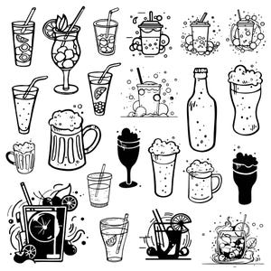 May include: A black and white line drawing illustration of various types of beverages, including beer, cocktails, and soft drinks. The illustration includes a variety of glasses, mugs, and bottles.
