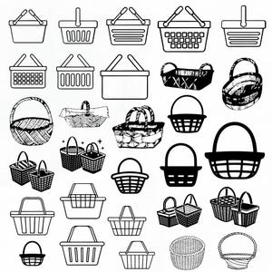 May include: A collection of black and white illustrations of various baskets and shopping bags. The illustrations include different styles of baskets, such as wicker baskets, woven baskets, and shopping bags.