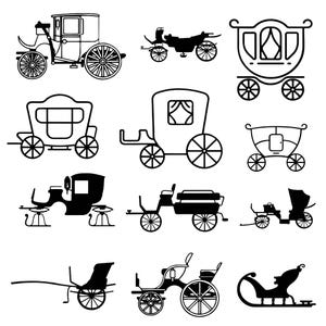 Paquete de Svg de carruaje, Clipart de carruaje de caballos, Vector de carruaje de Cenicienta, Calcomanía de carruaje, Archivos de corte de carruaje de princesa, Silueta de carruaje.