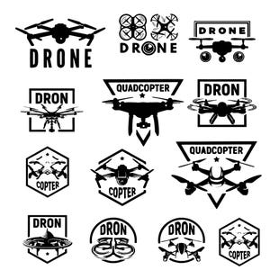 Può includere: Una collezione di design di loghi di droni in bianco e nero. I loghi presentano vari stili di droni, inclusi i quadricotteri, e le parole "Drone", "Dron" e "Copter".
