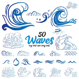 Puede incluir: Un conjunto de 50 ilustraciones de olas dibujadas a mano en azul y blanco. Las olas son de varios estilos, desde simples hasta complejas, y son perfectas para usar en proyectos de diseño.