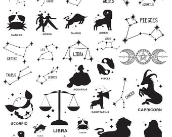Zodiac Signs Svg Bundle, Zodiac Signs Clipart For Cricut, Celestial Star Sign Silhouette, Zodiac Constellation Vector, Zodiac CutFiles.