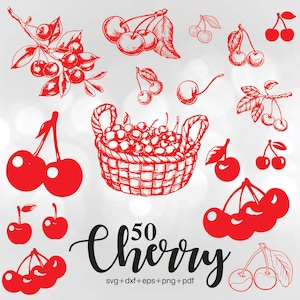Cherry Svg Bundle, Clipart di ciliegie per Cricut, Silhouette di frutta, Vettore di ciliegie, Decalcomania di ciliegie, File di taglio di ciliegie