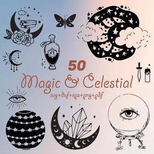 Puede incluir: Un conjunto de 50 ilustraciones vectoriales en blanco y negro de elementos celestiales y mágicos. Las ilustraciones incluyen lunas, estrellas, cristales, una mariposa, una botella de poción, una varita mágica, un ojo y una bola de cristal.