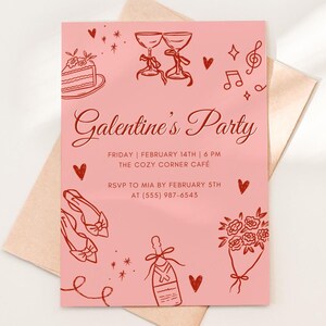 Invitación editable para fiesta del Día de San Valentín, invitación rosa para brunch, noche de chicas, plantilla editable de Canva para el Día de San Valentín