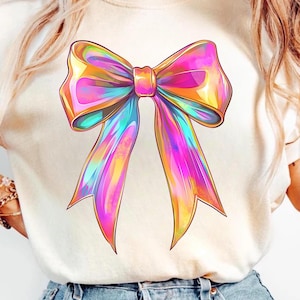 Iridescent Rainbow Bow PNG, Y2K Vibrant Coquette Aesthetic Clipart, Colorful Digital Sublimation POD Design, Metallic Cute Coquette Bow PNG