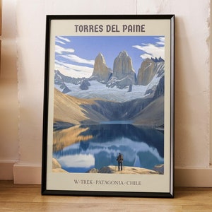 Póster de viaje de Torres del Paine, Patagonia, impresión artística de senderos para caminatas, pintura de naturaleza moderna, estilo art déco retro vintage, regalo de la Patagonia