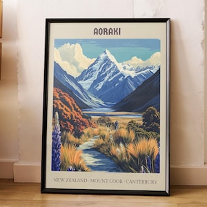 Aoraki Travel Poster | Hiking Trail Art Print | Vintage Retro Art Deco Modern Nature Painting | Environmental Decor
