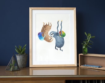 Lámina de perezosos haciendo paracaidismo - lámina de acuarela de un beso de amor entre perezosos - varios tamaños disponibles