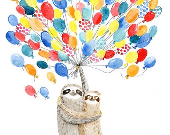 Sloths and balloons A3 print